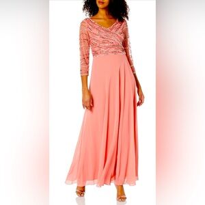 J Kara Women's 3/4 Sleeve Beaded Bodice Pop Over Long Dress Sz 24